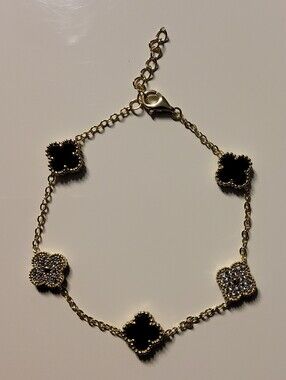 925 Sterling Silver YellowGold Clover Motif Bracelet with Black and Pave Accents